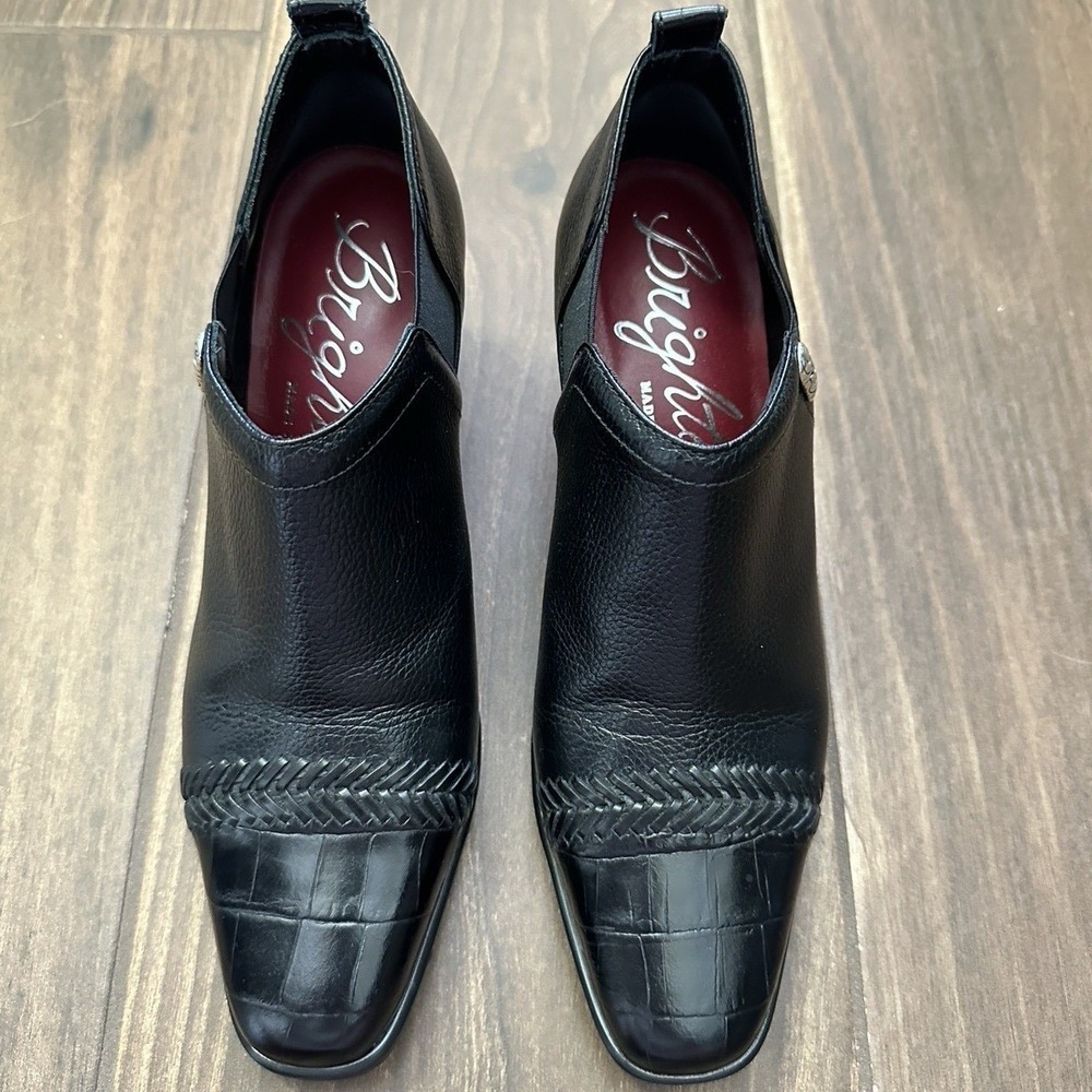 Brighton Black Leather Croc Embossed Woven Ankle‎ Boots Made in Italy Size 7M